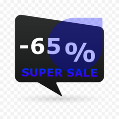 65 percent off super sale banner in speech bubble shape. Modern discount label with blue circle and transparent background. Vector illustration for e-commerce, ads and seasonal promotion.