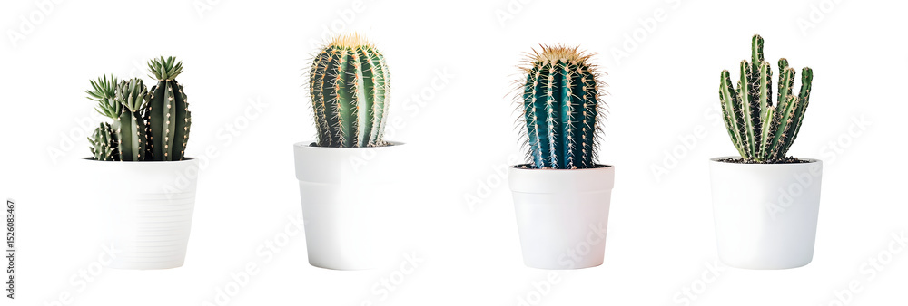 Poster set of different kinds of cacti in white pots. isolated on transparent background