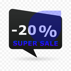 20 percent off super sale banner in speech bubble shape. Modern discount label with blue circle and transparent background. Vector illustration for e-commerce, ads and seasonal promotion.
