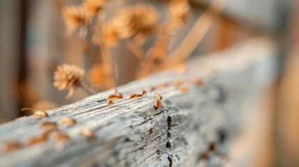 A swarm of termites tunneling through a wooden beam.