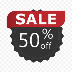 50 percent off sale badge. Black sticker with red ribbon and bold discount text on transparent background. Vector illustration for promotion, e-commerce, and advertising.