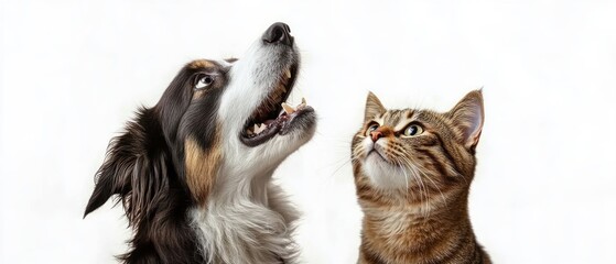 Fototapeta premium close-up of a happy black and white dog and a brown tabby cat looking upwards on a white background