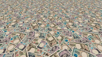 Financial illustration. Scattered new banknotes Of Japan. Japanese paper notes in perspective. Economy, business and inflation. Wallpaper or background