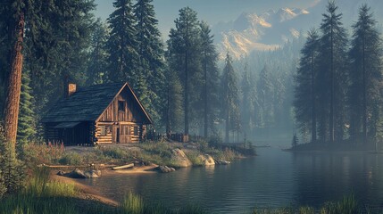 A rustic cabin by a lake surrounded by towering pine trees.