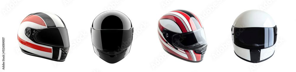 Poster set of motorcycle helmets with varied color patterns. isolated on transparent background
