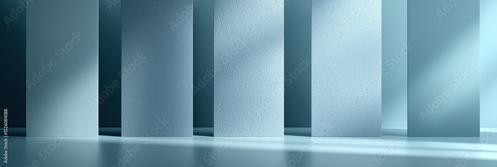 Poster tall minimalist columns cast soft shadows across a futuristic abstract space.