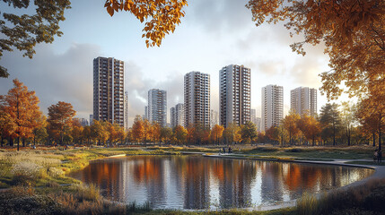 Obraz premium serene autumn park with modern skyscrapers reflecting in tranquil pond