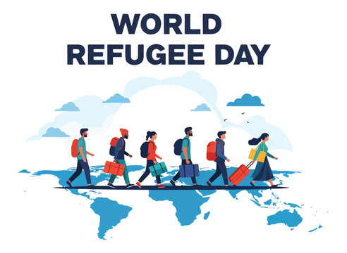 Flat vector illustration for World Refugee Day: A diverse group of refugees, including men and women with luggage, walk across a globe, symbolizing mass displacement and humanitarian challenges