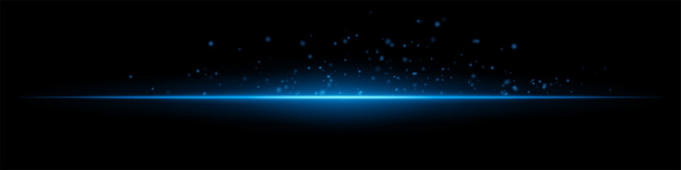 Obraz premium Blue flare burst. Single glowing horizontal beam with scattered particles and flare on dark background. Perfect for energy, tech, fire, sci-fi motion effects.