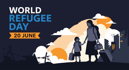Adobe Illustrator Artwork flat vector illustration for World Refugee Day (June 20): a mother and child journey across a barbed wire, symbolizing their arduous journey for safety and a new beginning
