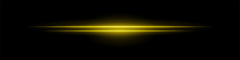 Yellow sci-fi beam. Two horizontal glowing lines with central bright core and radial fade. Dark background gives tech feel. Suitable for energy, laser, futuristic design.
