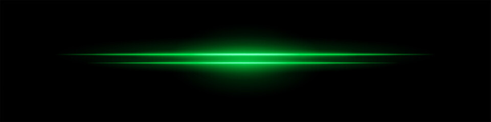 Green sci-fi beam. Two horizontal glowing lines with central bright core and radial fade. Dark background gives tech feel. Suitable for energy, laser, futuristic design.