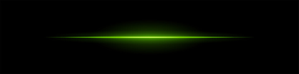 Green light line. Single sharp glowing beam with soft radial fade on dark background. Ideal for tech, sci-fi, speed, futuristic visual effects.