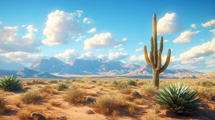 Peaceful desert landscape with a tall cactus, sparse shrubs, and agave plants under a bright blue sky with fluffy clouds and distant mountains
