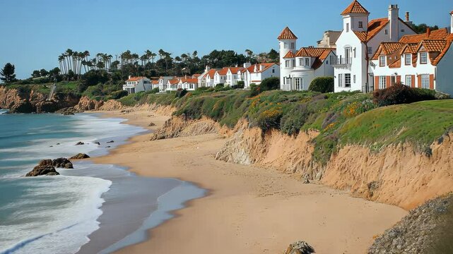 Coastal homes with terracotta roofs on a bluff overlooking a sandy beach