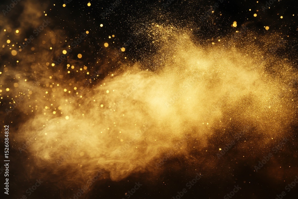 Poster gold dust particles in motion create a shimmering texture on a uniform background that captures the 