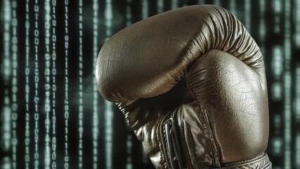 Golden boxing glove against a digital backdrop of binary code - Powered by Adobe