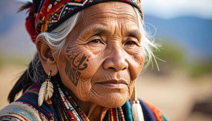 Fototapeta premium Elderly indigenous woman with full facial tattoos, wearing traditional clothing. Cultural portrait, high detail, authentic tribal heritage, expressive, natural light, storytelling photography.