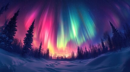Vivid northern lights with pink, green, and yellow hues illuminating a snowy forest landscape under a starry night sky