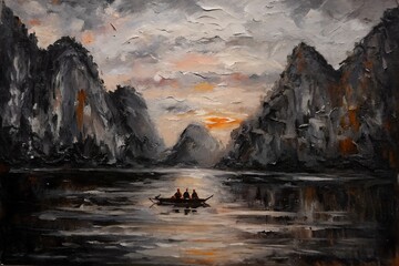 "Sunset Row on a Serene River – Impressionist Landscape Painting"