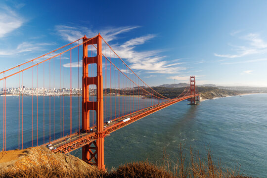 Iconic view of the Golden Gate Bridge bathed in warm sunlight