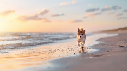 Akita Inu running along a beach at sunset, with orange and pink hues reflecting off the water.
