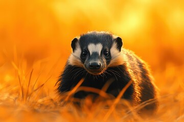 Honey badger exploring a vibrant summer landscape filled with golden grass and warm sunlight