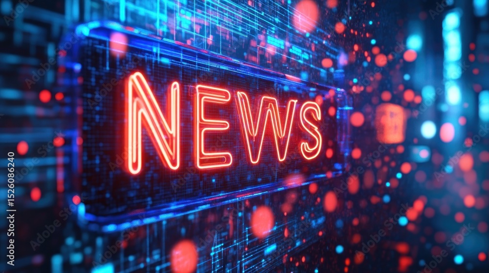 Poster futuristic digital interface displaying glowing neon letters spelling news surrounded by holographic