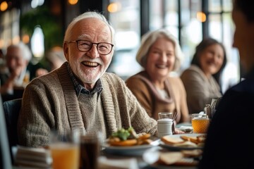 Happy elderly man laughing and enjoying meal with friends in cozy restaurant setting with natural light