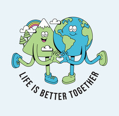 earth and mountain retro cute illustration