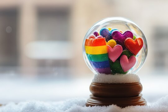 Colorful snow globe featuring rainbow hearts representing love and unity for the LGBT community displayed on a snowy surface