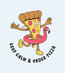pizza flamingo float retro cartoon illustration