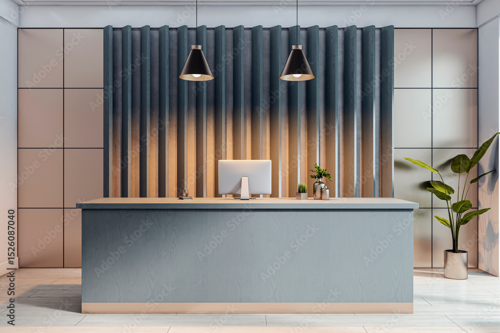 Poster Contemporary reception desk in modern office lobby with computer and decorative plants under pendant lighting on clean tiled floor background. 3D Rendering