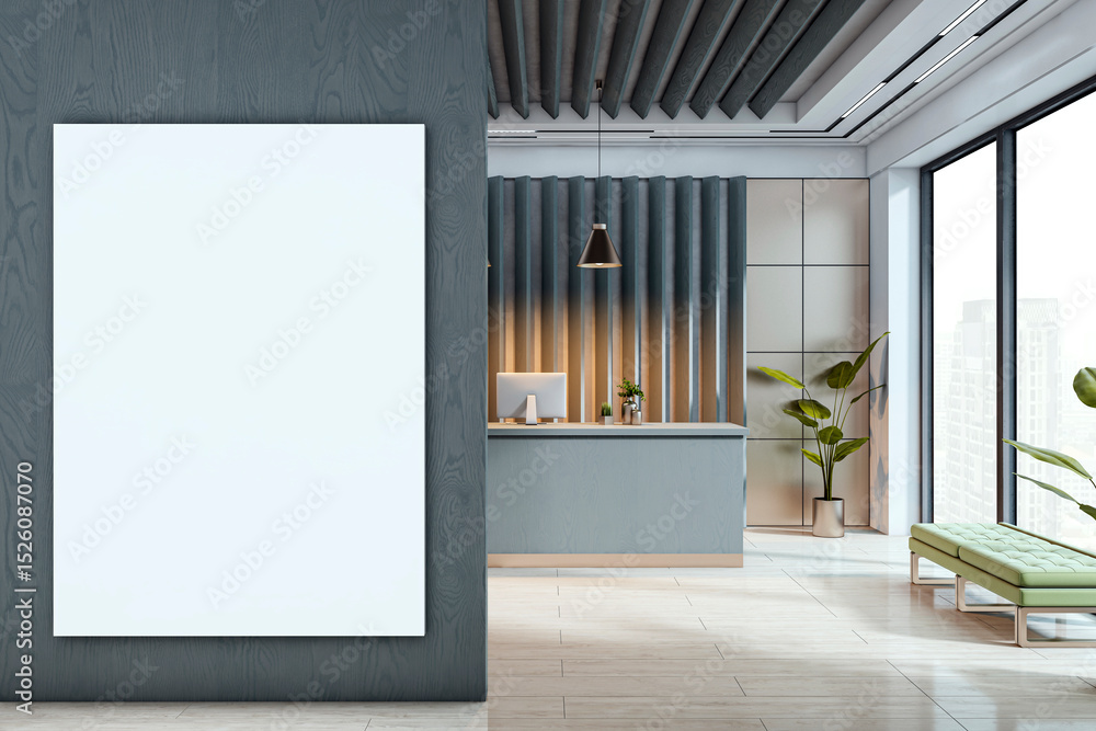 Poster modern reception area interior with vertical blank poster on wood wall in corporate lobby space feat