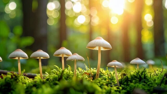 Aesthetic view of row of fairy ring mushrooms in green mossy forest with blurred foliage, nature, growth, and sunlight in background