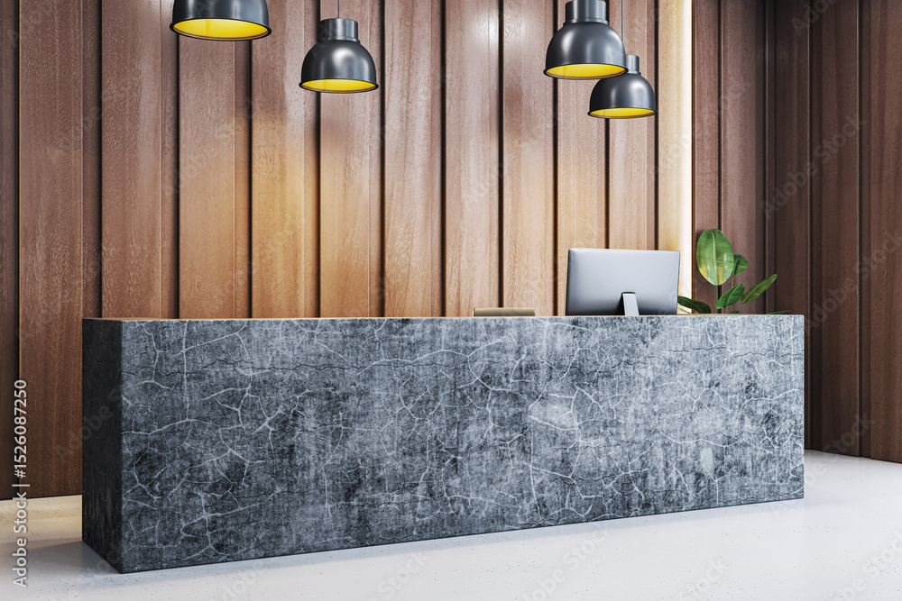 Poster modern luxury reception desk in minimalist office lobby with wood panel wall and marble counter unde
