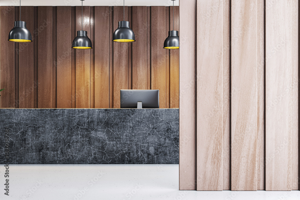 Poster modern luxury reception desk with black marble counter and wooden wall panels in bright office lobby