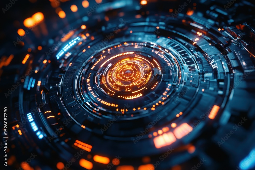 Poster futuristic ai android showcasing advanced technology in an illuminated circular design surrounded by