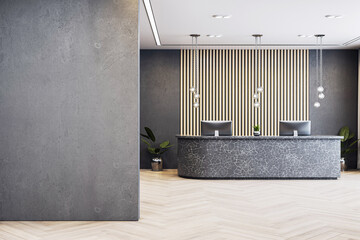 Fototapeta na wymiar Modern luxury office reception interior with empty wall for logo, mockup or sign placement in corporate business entrance hall design template. 3D Rendering