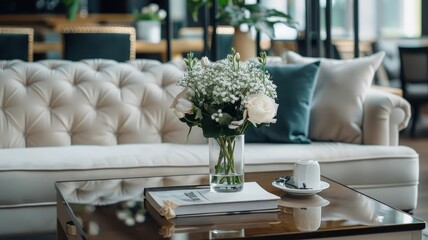 A glamorous Hollywood Regency living room with luxurious velvet furniture and mirrored surfaces.