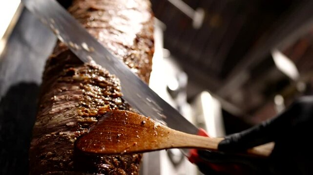 Close-up of sharp knife slicing juicy layers of grilled shawarma meat under warm light.