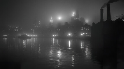 foggy night reveals mysterious skyline with glowing lights reflecting on water