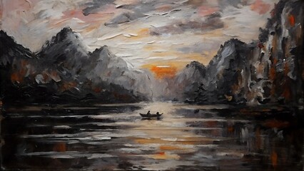 "Sunset Row on a Serene River – Impressionist Landscape Painting"