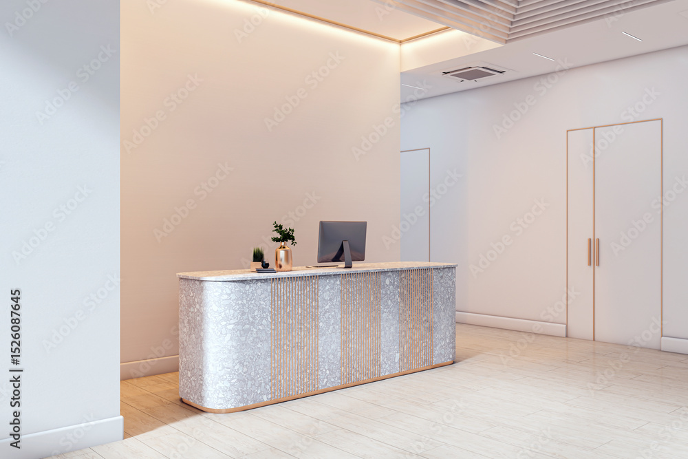 Poster modern luxury reception desk in minimalist office lobby with soft lighting, clean interior design, a