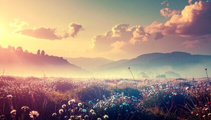 Obraz premium abstract summer illustration with a field of flowers and the sky, dramatic landscape