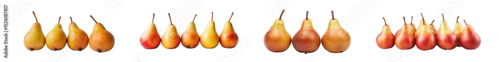 Poster set of several pears of different colors isolated on transparent background