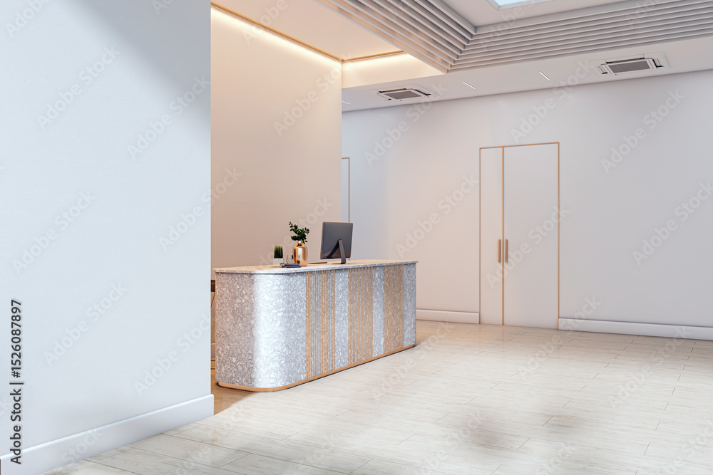 Aufkleber Modern minimalist reception desk in bright office lobby with clean interior design and computer monitor on counter. 3D Rendering. 3D Rendering