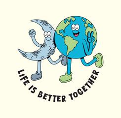 earth and crescent moon retro cute illustration