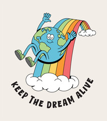 earth and rainbow happy retro cute illustration