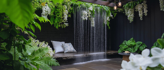 Fototapeta premium AI generator image of a living room decorated with white wisteria trees , flower trees Gold shower, Golden shower ,Indian laburnum, Pudding-pipe tree and waterfall